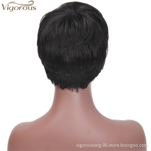 Vigorous Natural Black Short Pixie Cut Wig with Red Bangs Synthetic Short Straight Hair Wig for Women Natural Looking